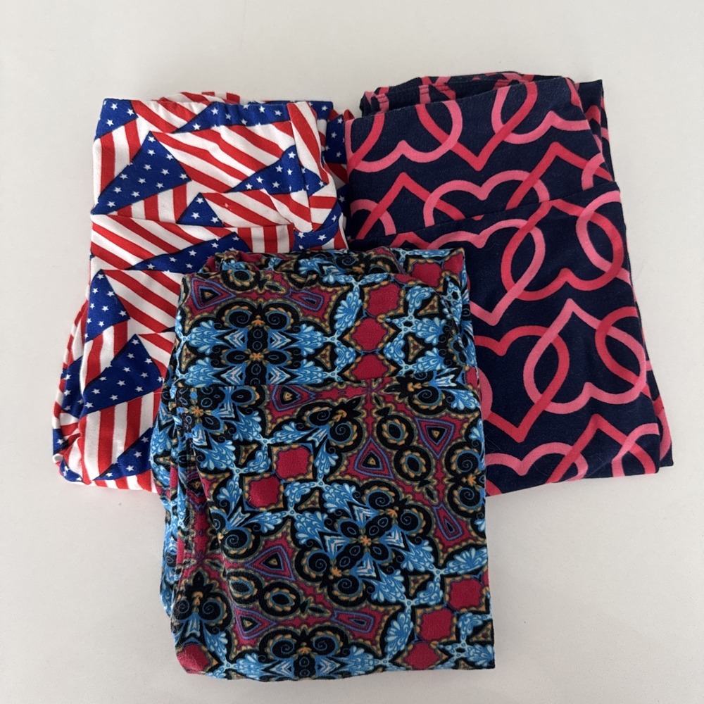 lularoe tween leggings lot Red‎ White Blue  Hearts And Geo Print